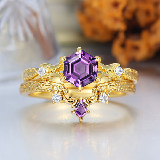 Vintage Royal Amethyst Bridal Set  Engagement Ring Romantic Enhancer Ring