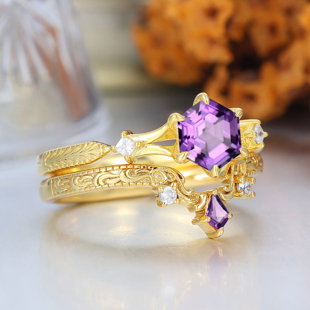 Vintage Royal Amethyst Bridal Set  Engagement Ring Romantic Enhancer Ring