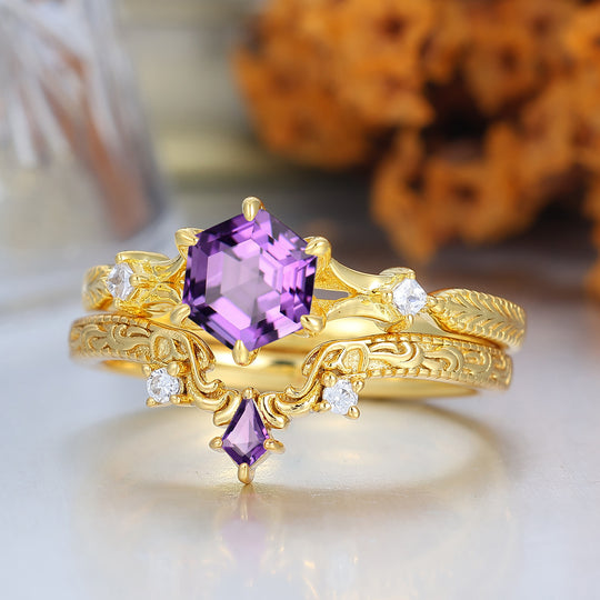 Vintage Royal Amethyst Bridal Set  Engagement Ring Romantic Enhancer Ring