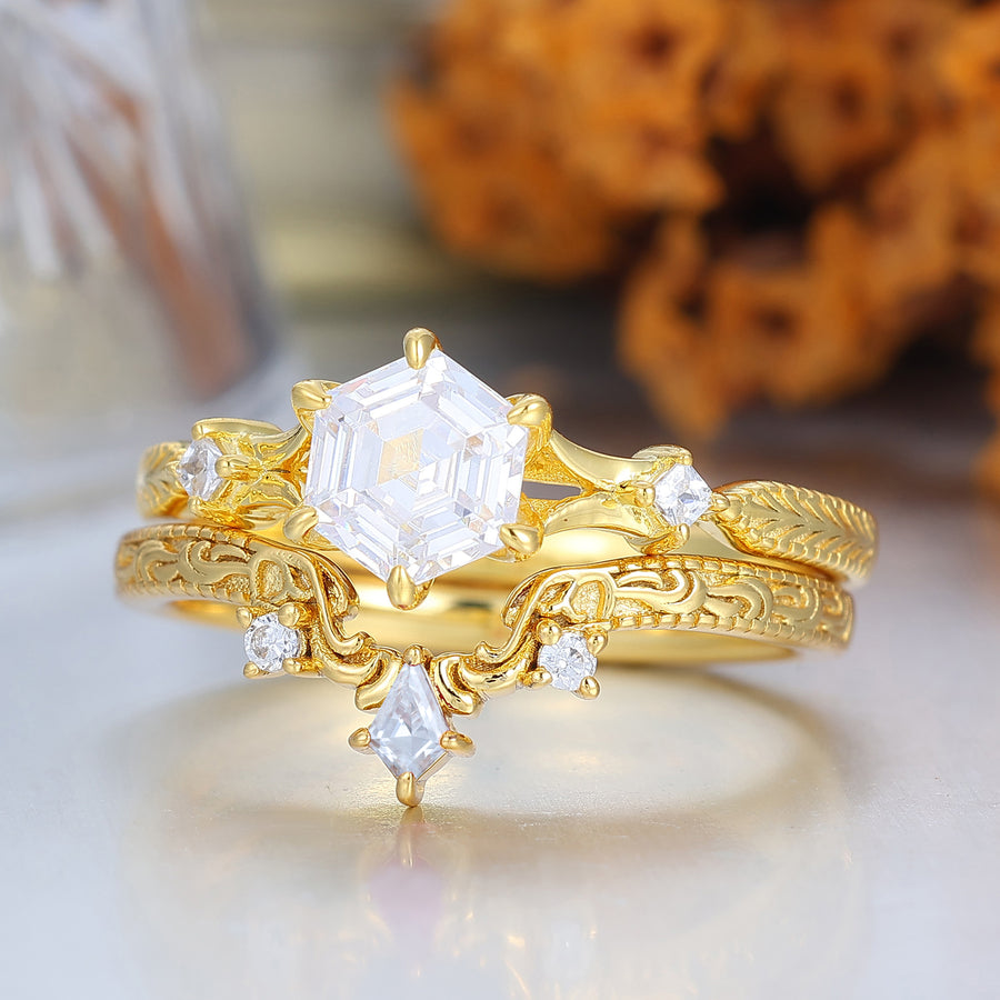 Dainty Hexagon Cut Moissanite 2pcs Women Wedding Ring Set Geometric Engraved Bridal Ring