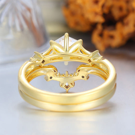 Dainty Hexagon Cut Moissanite 2pcs Women Wedding Ring Set Geometric Engraved Bridal Ring