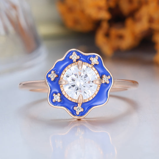 Vintage Style Blue Resin & Round Moissanite Vintage Engagement Ring