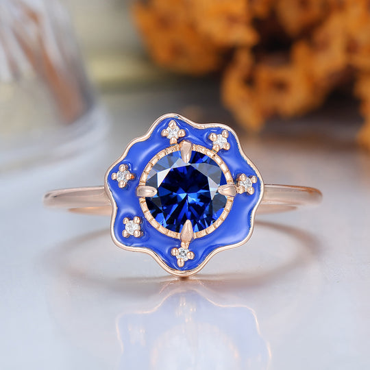 Vintage Style Blue Resin & Round Sapphire Vintage Engagement Ring