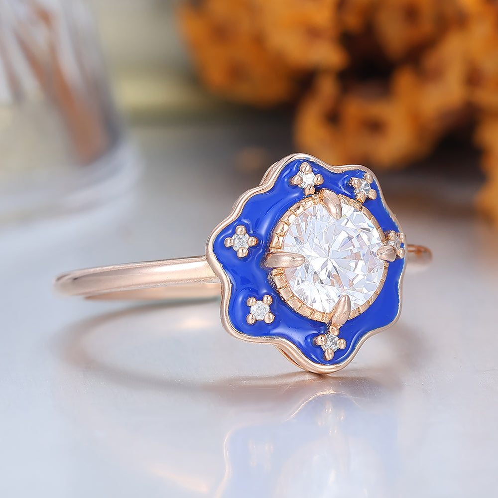 Vintage Style Blue Resin & Round Moissanite Vintage Engagement Ring