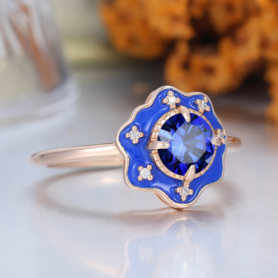 Vintage Style Blue Resin & Round Sapphire Vintage Engagement Ring