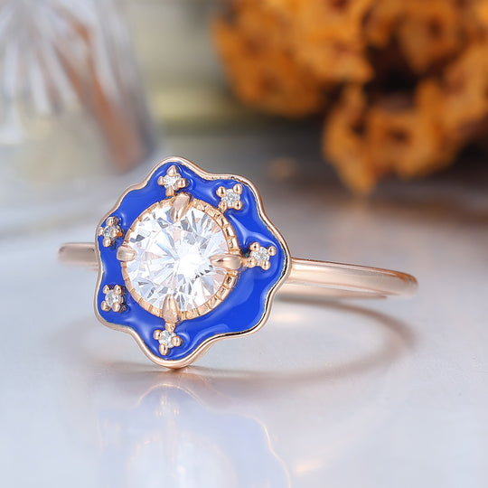 Vintage Style Blue Resin & Round Moissanite Vintage Engagement Ring