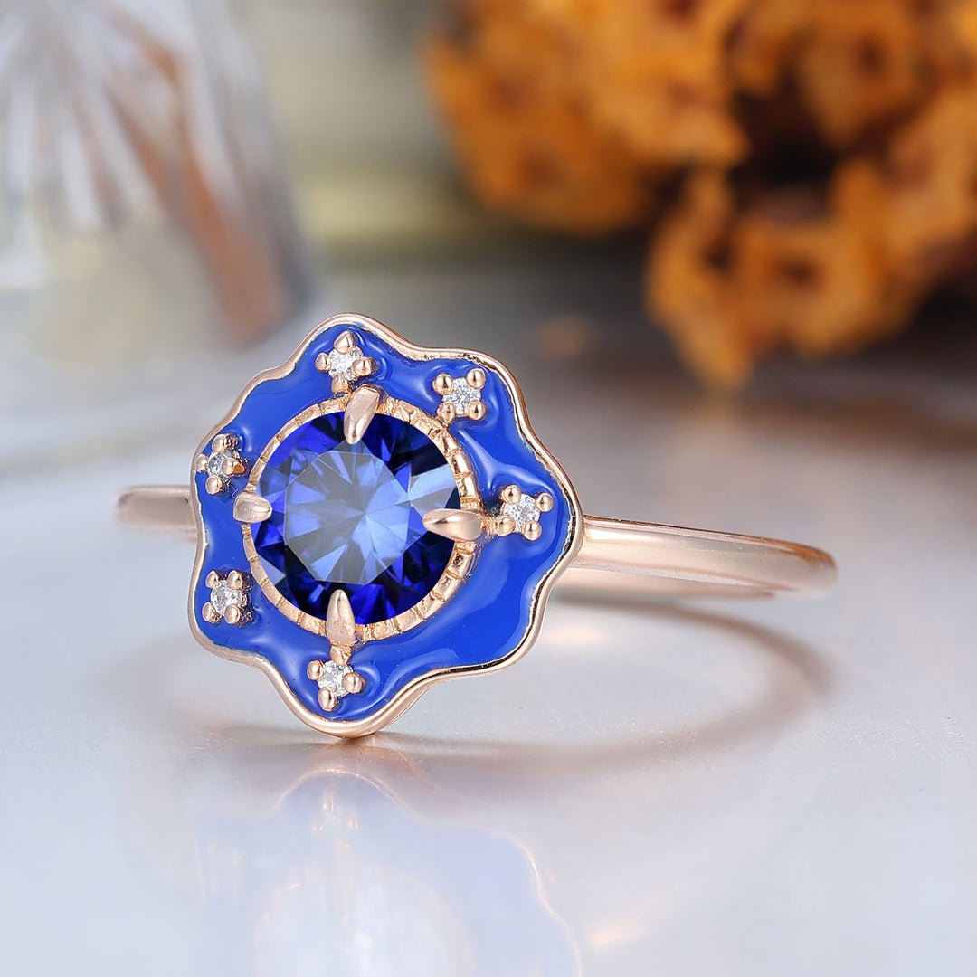 Vintage Style Blue Resin & Round Sapphire Vintage Engagement Ring