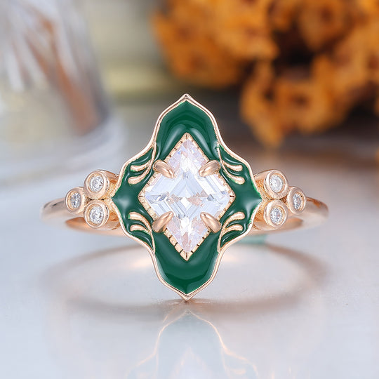 Green Resin Princess Cut Moissanite Ring Rose Gold Vintage Art Deco Engagement Ring