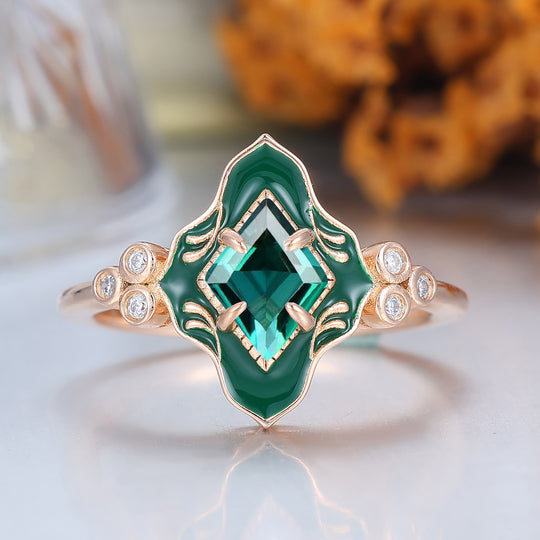 Green Resin Princess Cut Emerlad Ring Rose Gold Vintage Art Deco Engagement Ring