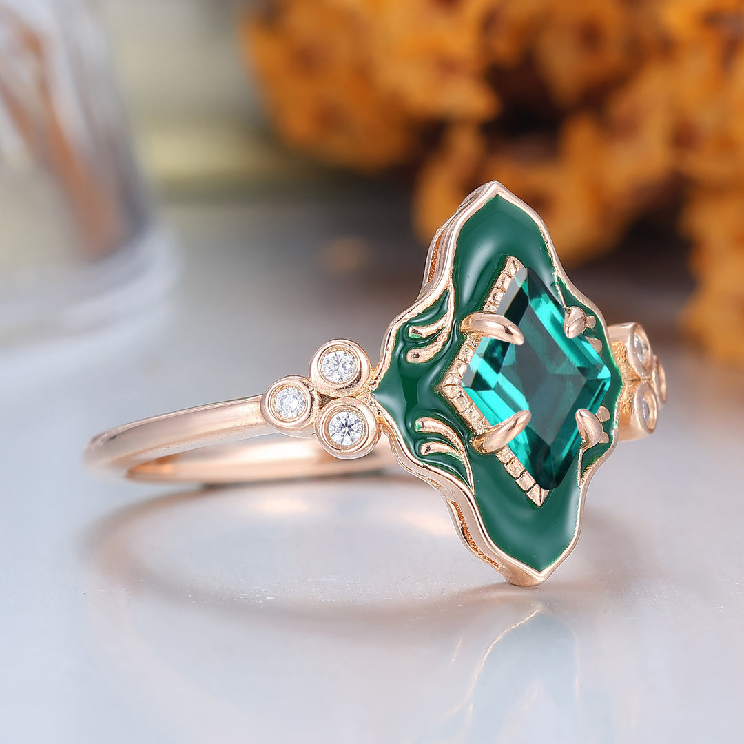 Art Deco Rhombus Cut Emerald Resin-coated Couple Rings Vintage Inspired Matching Ring Set
