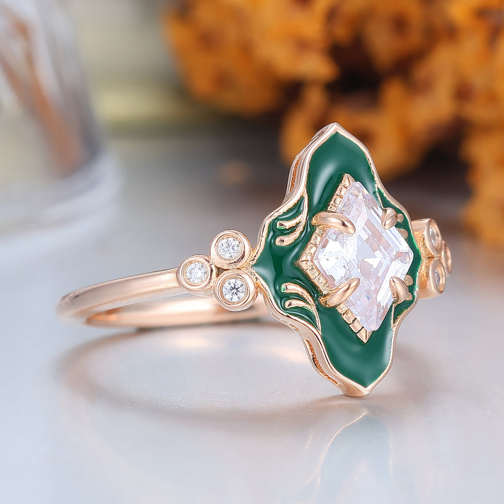 Green Resin Princess Cut Moissanite Ring Rose Gold Vintage Art Deco Engagement Ring