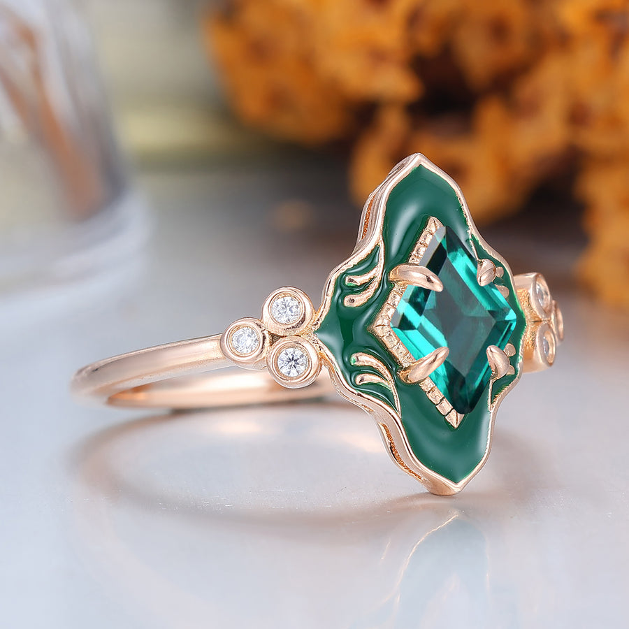 Green Resin Princess Cut Emerlad Ring Rose Gold Vintage Art Deco Engagement Ring