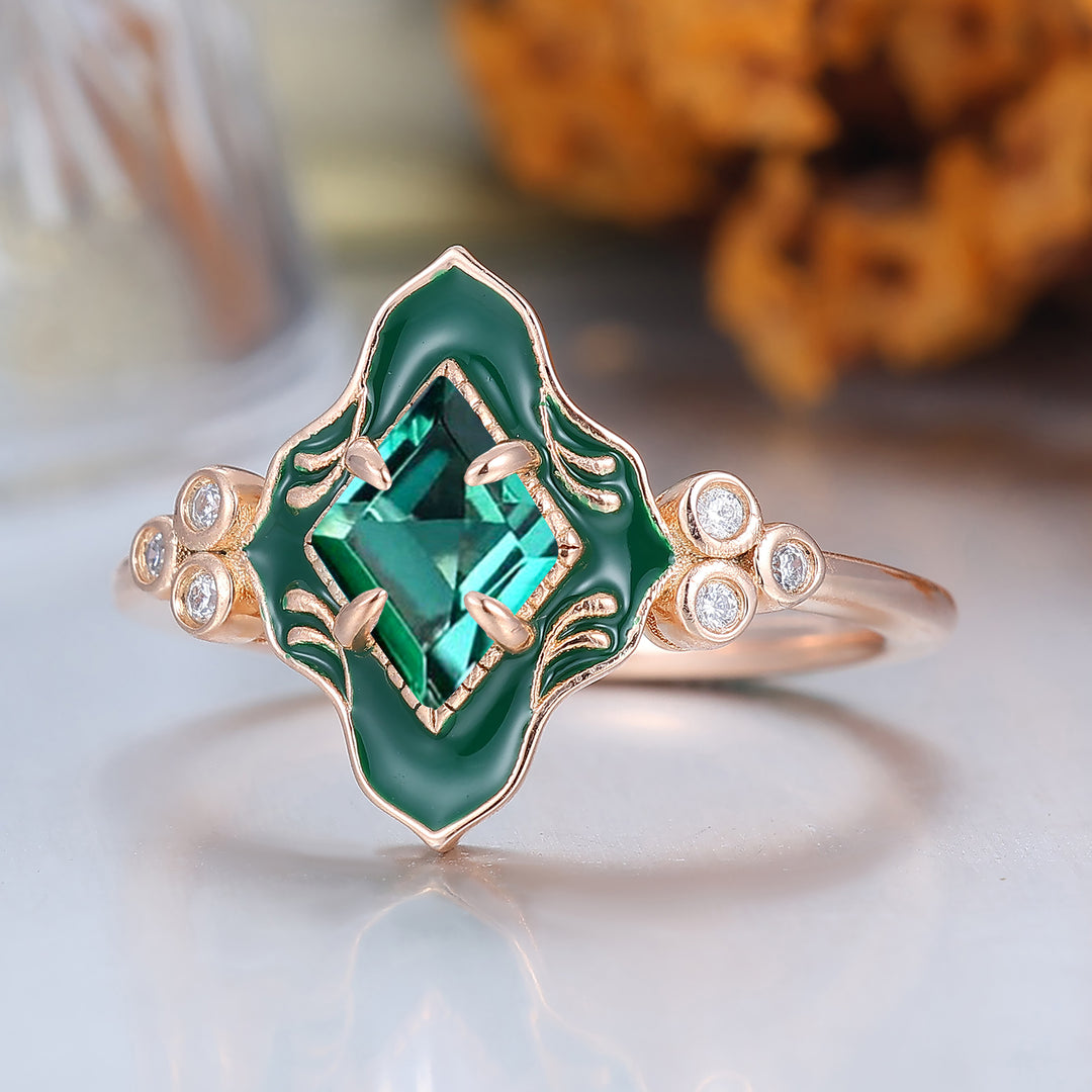 Art Deco Rhombus Cut Emerald Resin-coated Couple Rings Vintage Inspired Matching Ring Set