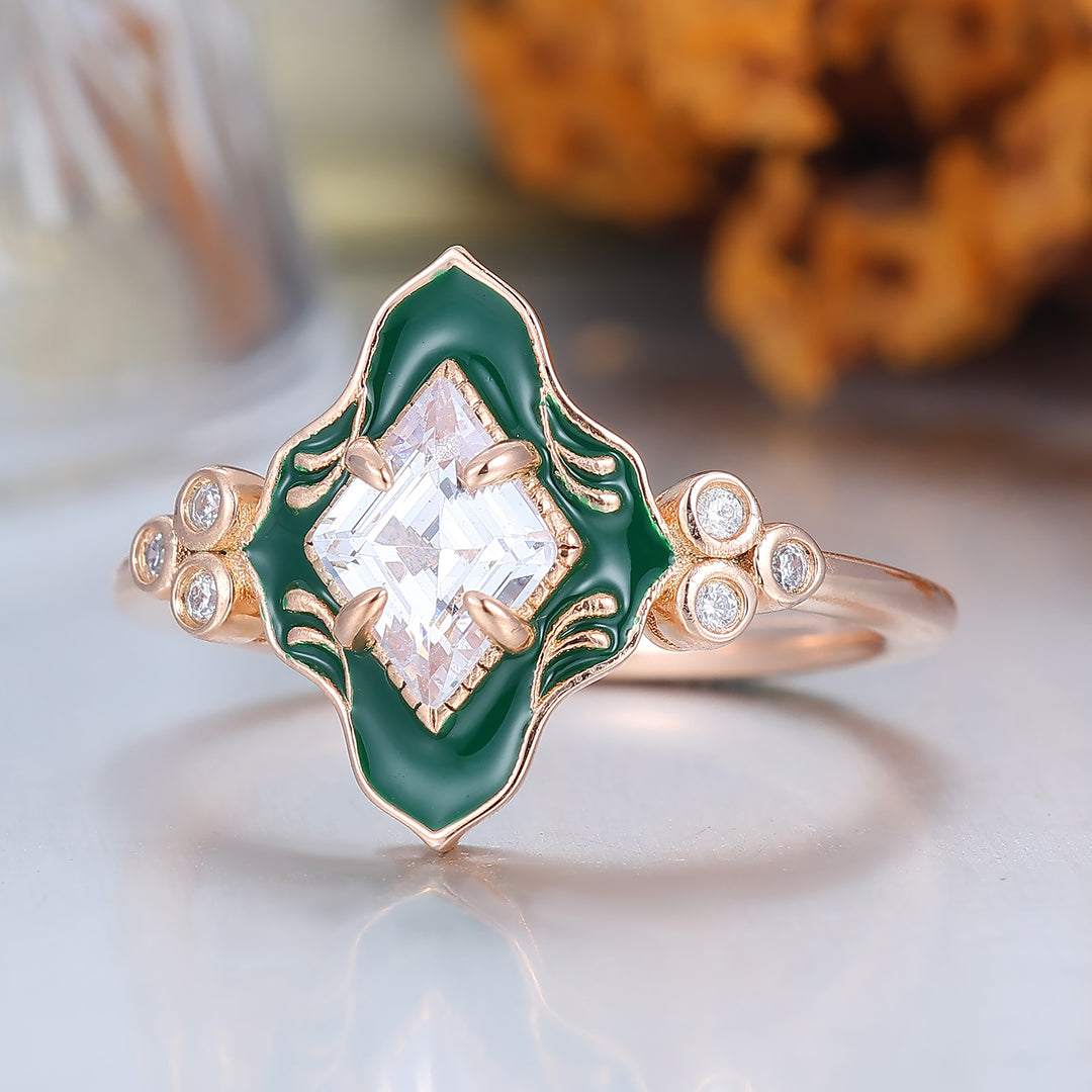 Green Resin Princess Cut Moissanite Ring Rose Gold Vintage Art Deco Engagement Ring