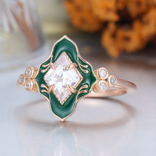 Green Resin Princess Cut Moissanite Ring Rose Gold Vintage Art Deco Engagement Ring