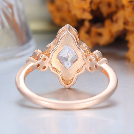 Green Resin Princess Cut Moissanite Ring Rose Gold Vintage Art Deco Engagement Ring