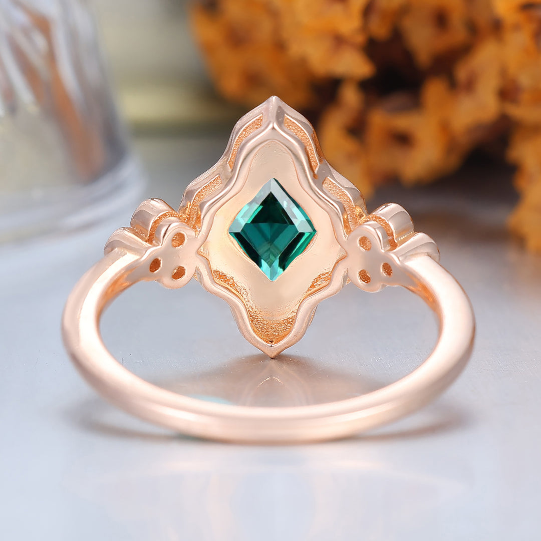 Green Resin Princess Cut Emerlad Ring Rose Gold Vintage Art Deco Engagement Ring