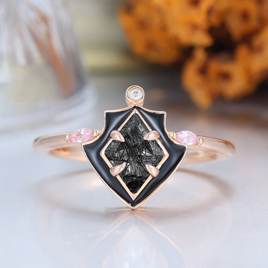 Vintage Rose Gold Rhombus Cut Black Rutilated Quartz black Resin Engagement Ring