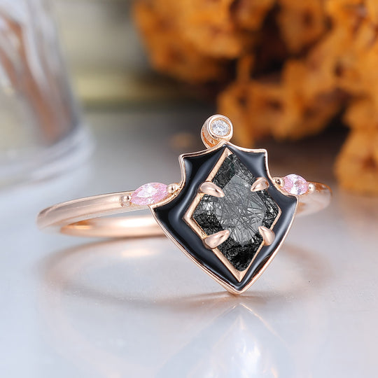 Vintage Rose Gold Rhombus Cut Black Rutilated Quartz black Resin Engagement Ring