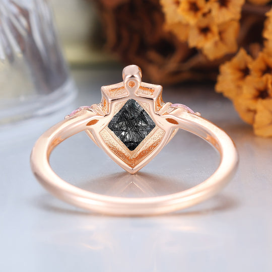 Vintage Rose Gold Rhombus Cut Black Rutilated Quartz black Resin Engagement Ring