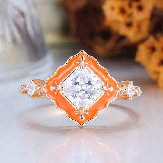 Ornate Sunstone Roségoud Ring met Resinaccenten Vintage Verlovingsring