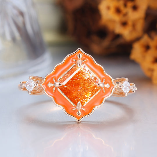 Vibrant Sunstone Ring with Orange Resin Border Vintage Engagement Ring