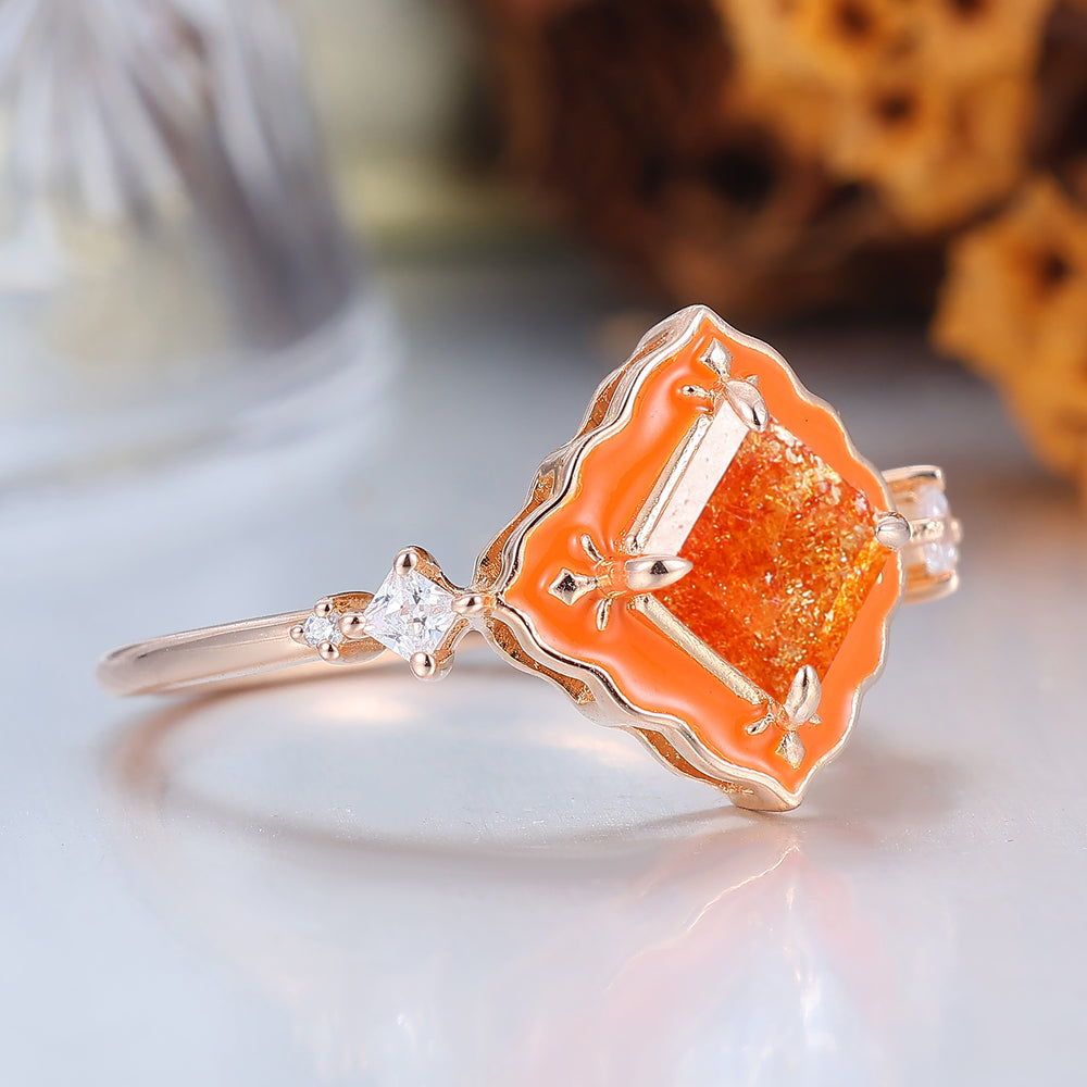 Vibrant Sunstone Ring with Orange Resin Border Vintage Engagement Ring