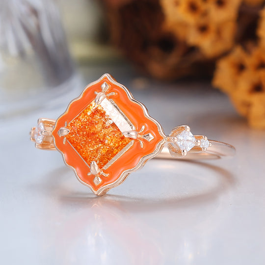 Vibrant Sunstone Ring with Orange Resin Border Vintage Engagement Ring