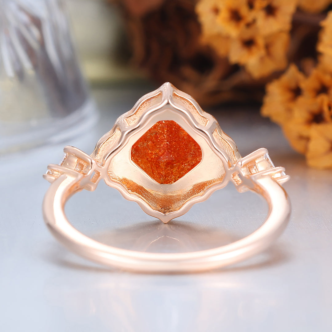 Vibrant Sunstone Ring with Orange Resin Border Vintage Engagement Ring
