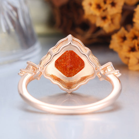 Vibrant Sunstone Ring with Orange Resin Border Vintage Engagement Ring