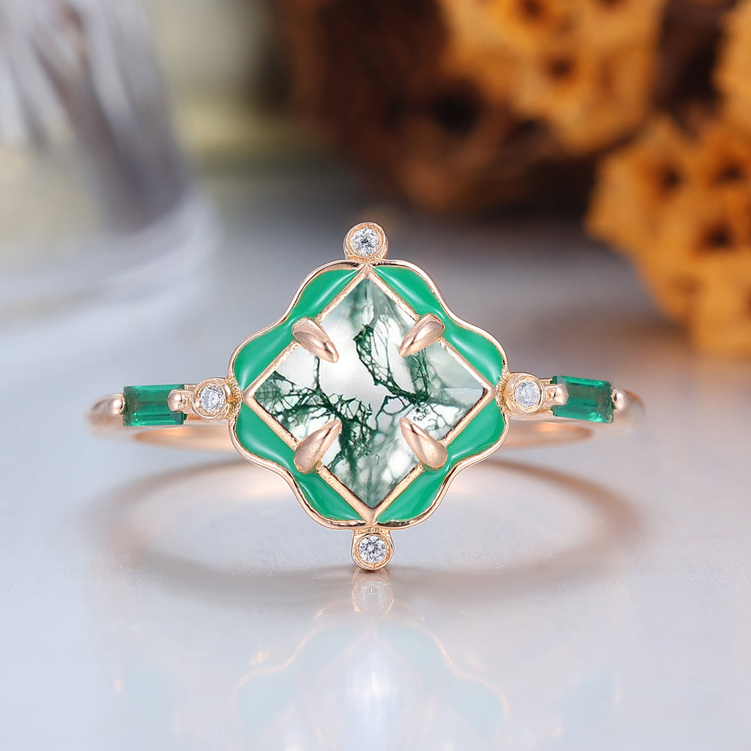 Unieke natuurlijke mosagaat stelringen in bloemenstijl, Art Deco, groen, met hars gecoat voor hem en haar