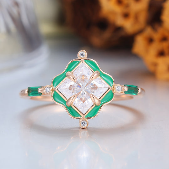 Bague Trèfle en Résine Or Rose et Vert Vif Bague de Fiançailles Moissanite Taille Princesse