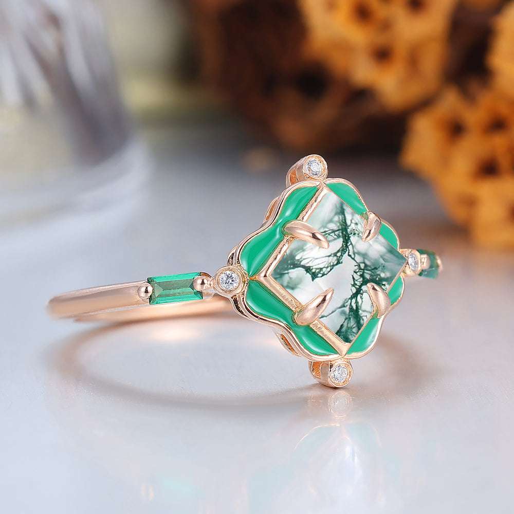 Rose Gold & Bright Green Resin Clover Ring Princess-Cut Moss Agate Engagement Ring