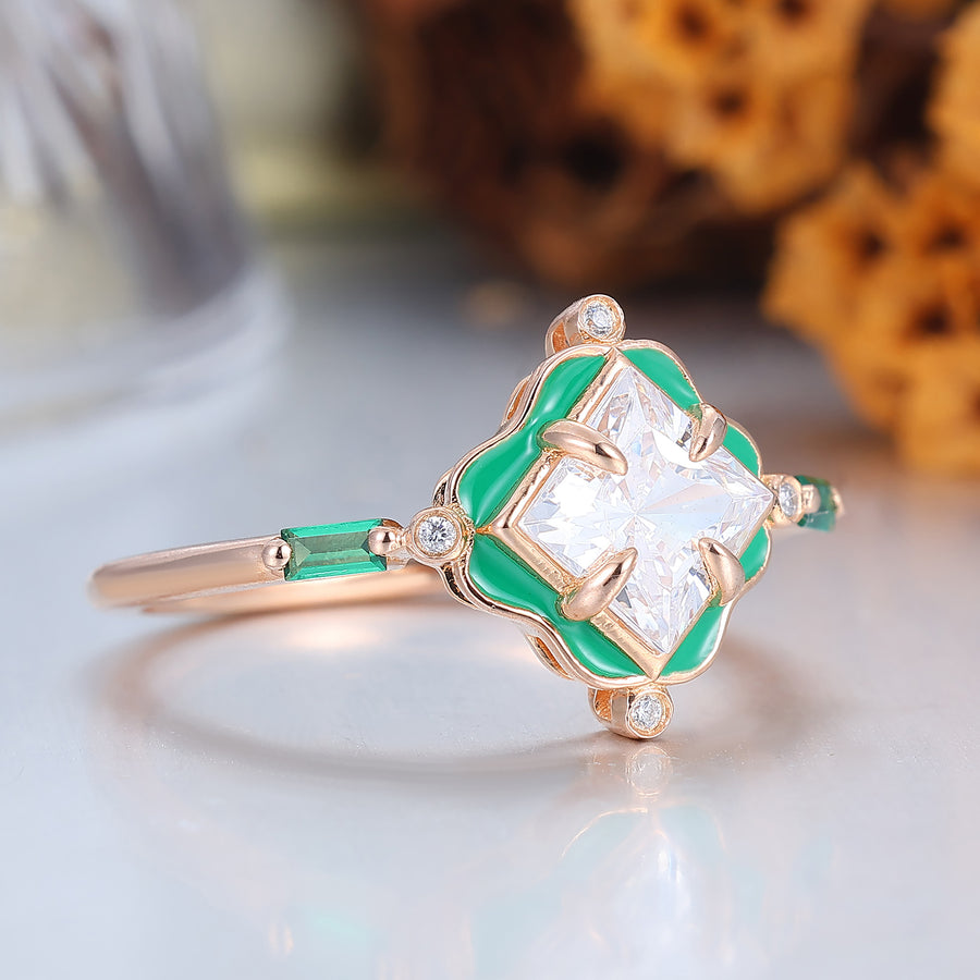 Rose Gold & Bright Green Resin Clover Ring Princess-Cut Moissanite Engagement Ring