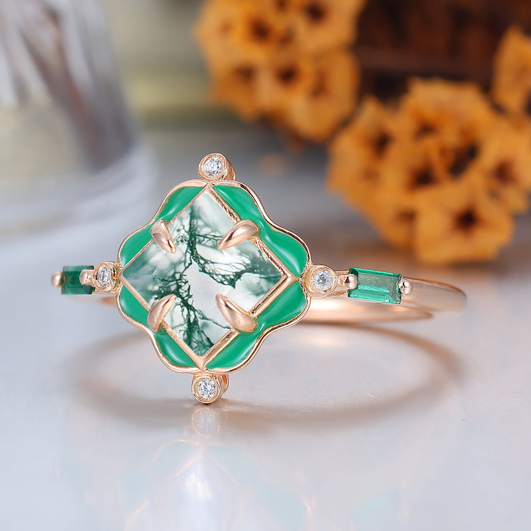 Unieke natuurlijke mosagaat stelringen in bloemenstijl, Art Deco, groen, met hars gecoat voor hem en haar