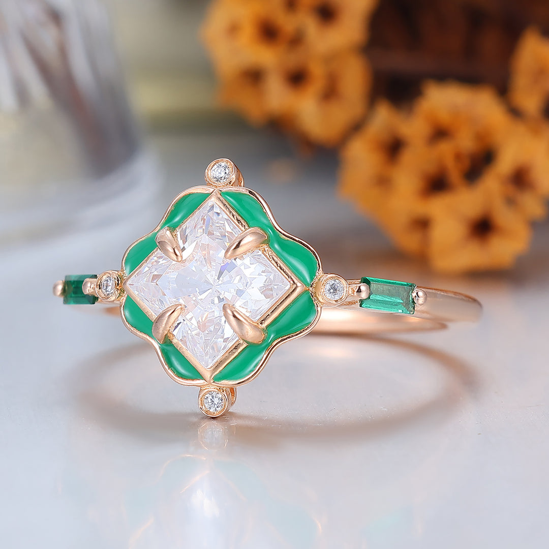 Bague Trèfle en Résine Or Rose et Vert Vif Bague de Fiançailles Moissanite Taille Princesse