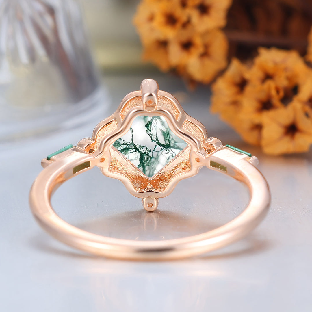 Unieke natuurlijke mosagaat stelringen in bloemenstijl, Art Deco, groen, met hars gecoat voor hem en haar