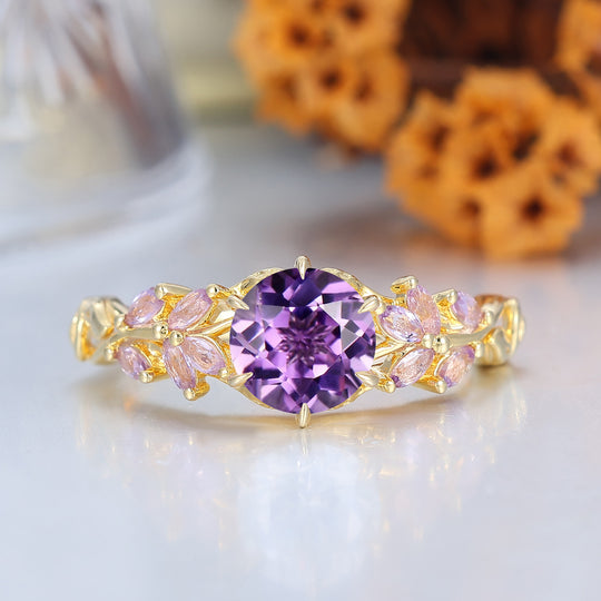 Dainty Amethyst Cluster Bague de Fiançailles Bande Feuille Or Rose 14K Bague Femme