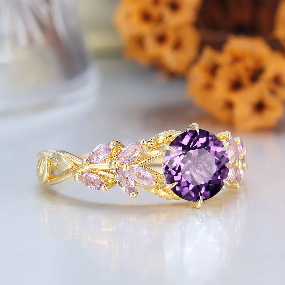 Dainty Amethyst Cluster Engagement Ring Rose Gold Leaf Band 14K Women Ring