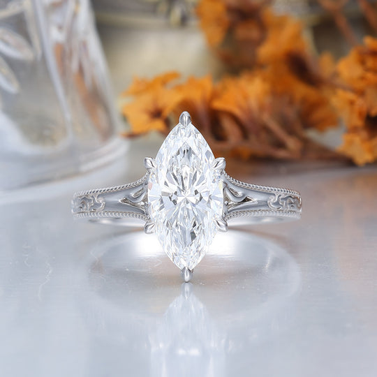 Marquise Cut Solitaire Lab Grown Diamond Ring Solid Gold Filigree Wedding Ring (IGI Certified) -  Esdomera.com