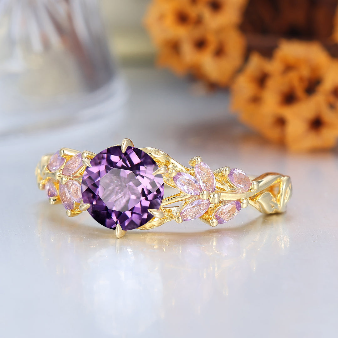 Dainty Amethyst Cluster Bague de Fiançailles Bande Feuille Or Rose 14K Bague Femme