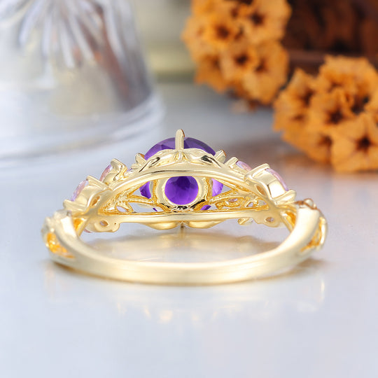 Dainty Amethyst Cluster Bague de Fiançailles Bande Feuille Or Rose 14K Bague Femme