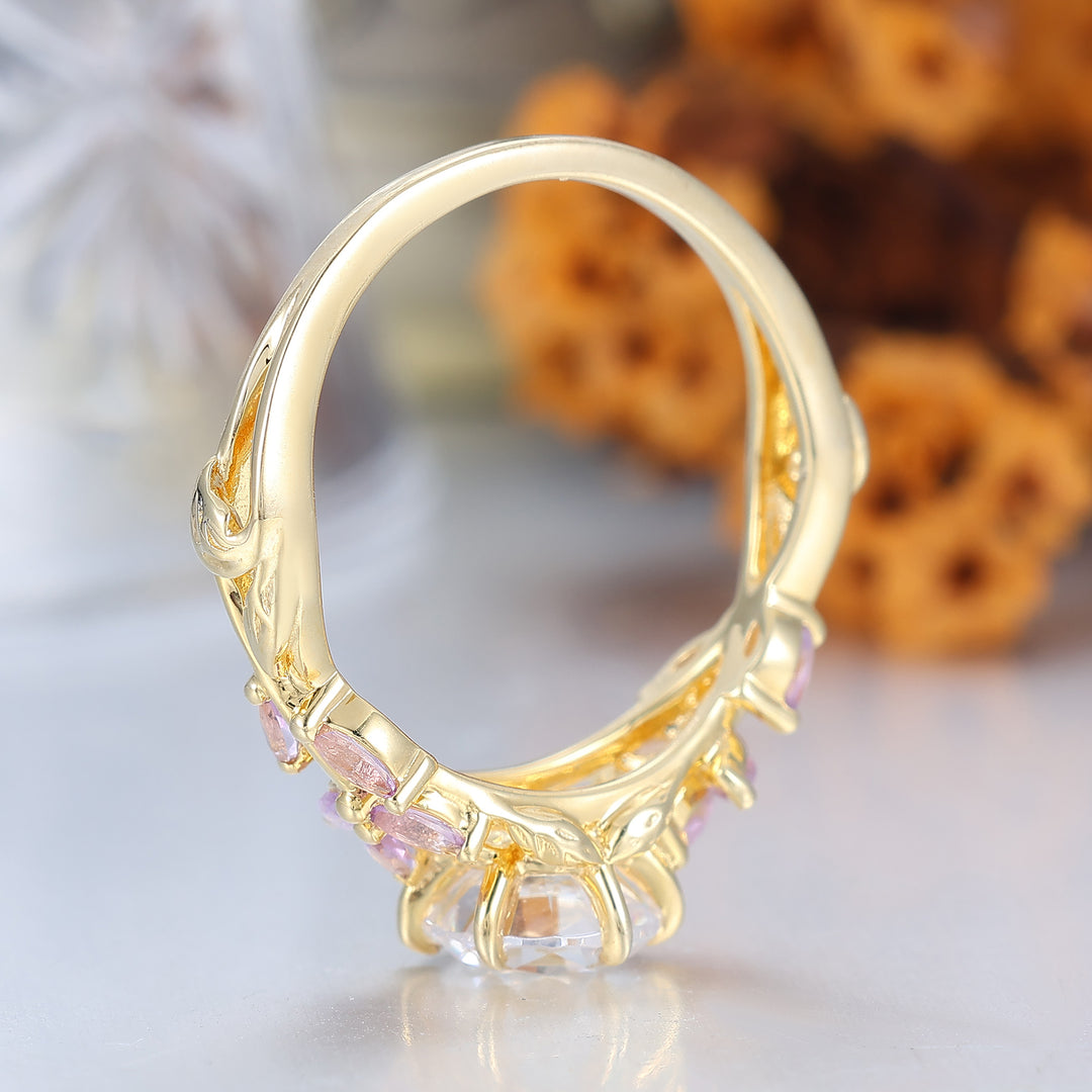 Dainty Amethyst Cluster Bague de Fiançailles Bande Feuille Or Rose 14K Bague Femme