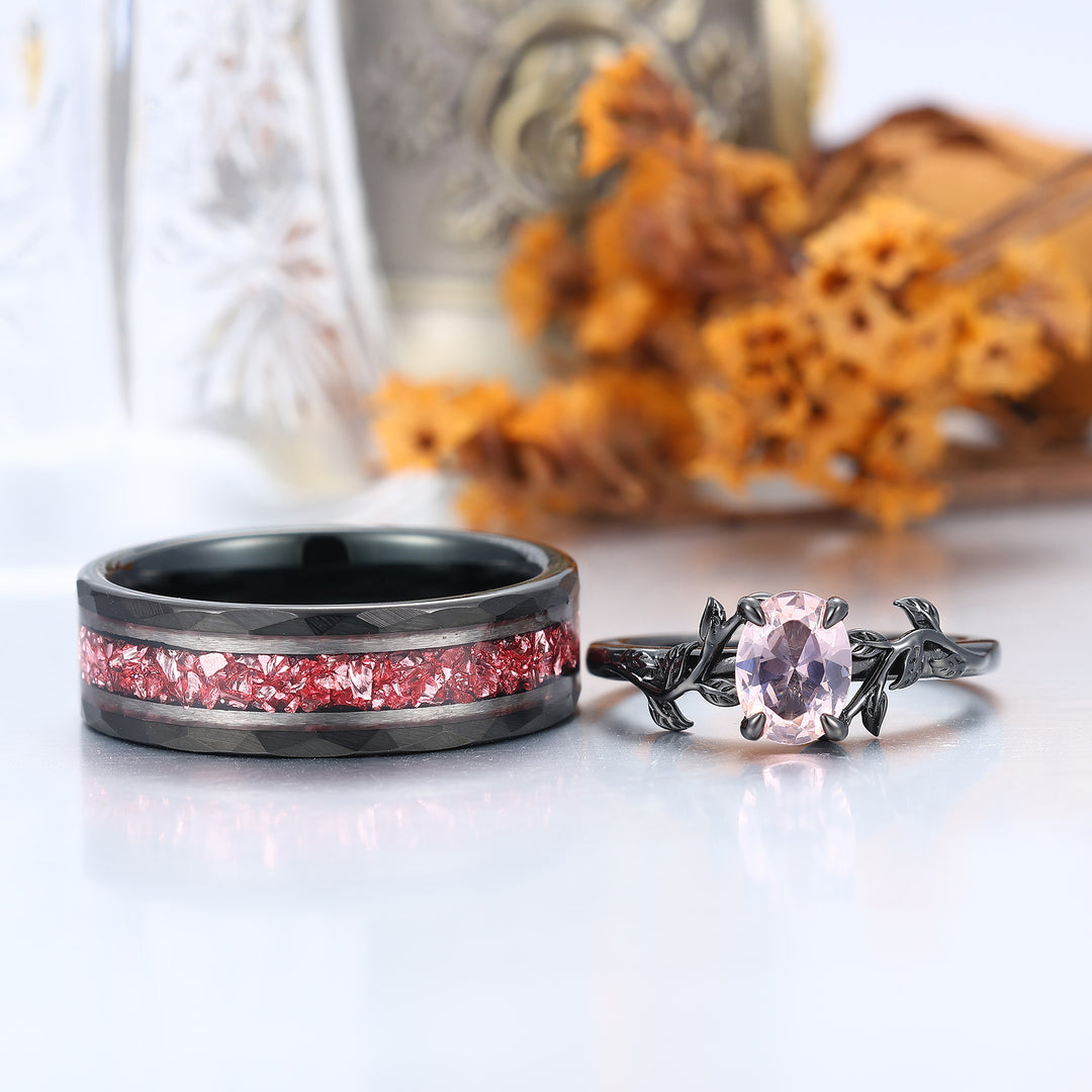 Botanical Solitaire Oval Pink Morganite Black Plated Couple Rings Leaf Design Ring Set
