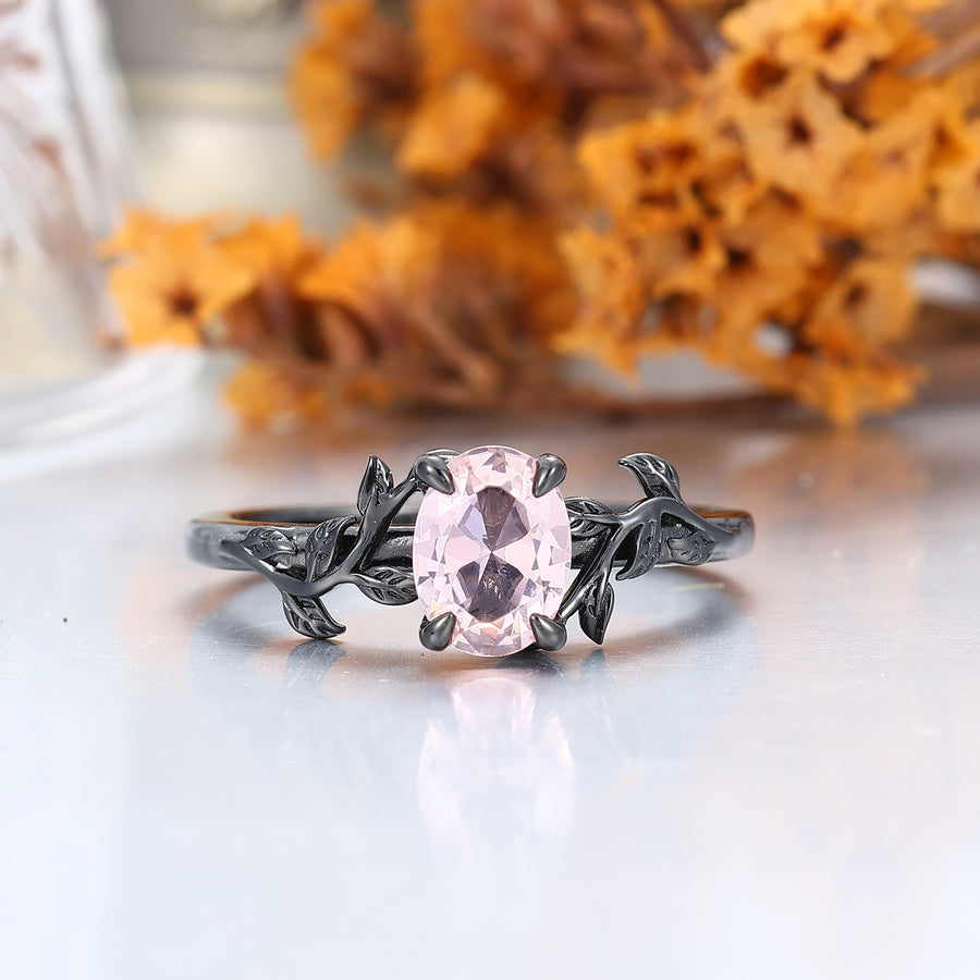 Botanical Solitaire Oval Pink Morganite Black Plated Couple Rings Leaf Design Ring Set