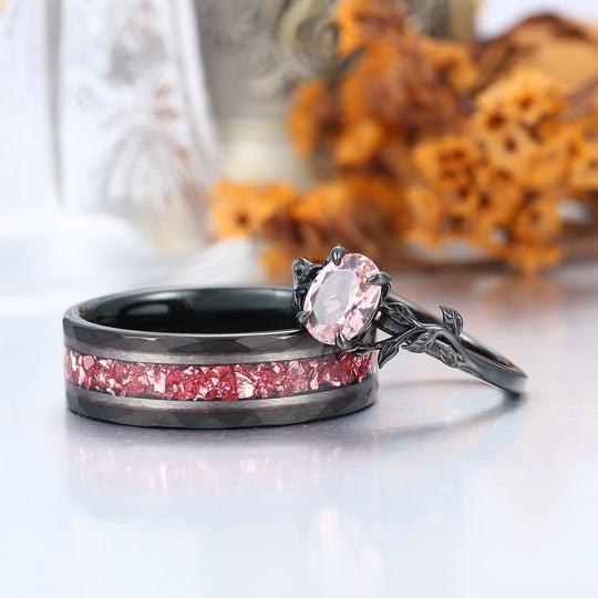 Botanical Solitaire Oval Pink Morganite Black Plated Couple Rings Leaf Design Ring Set