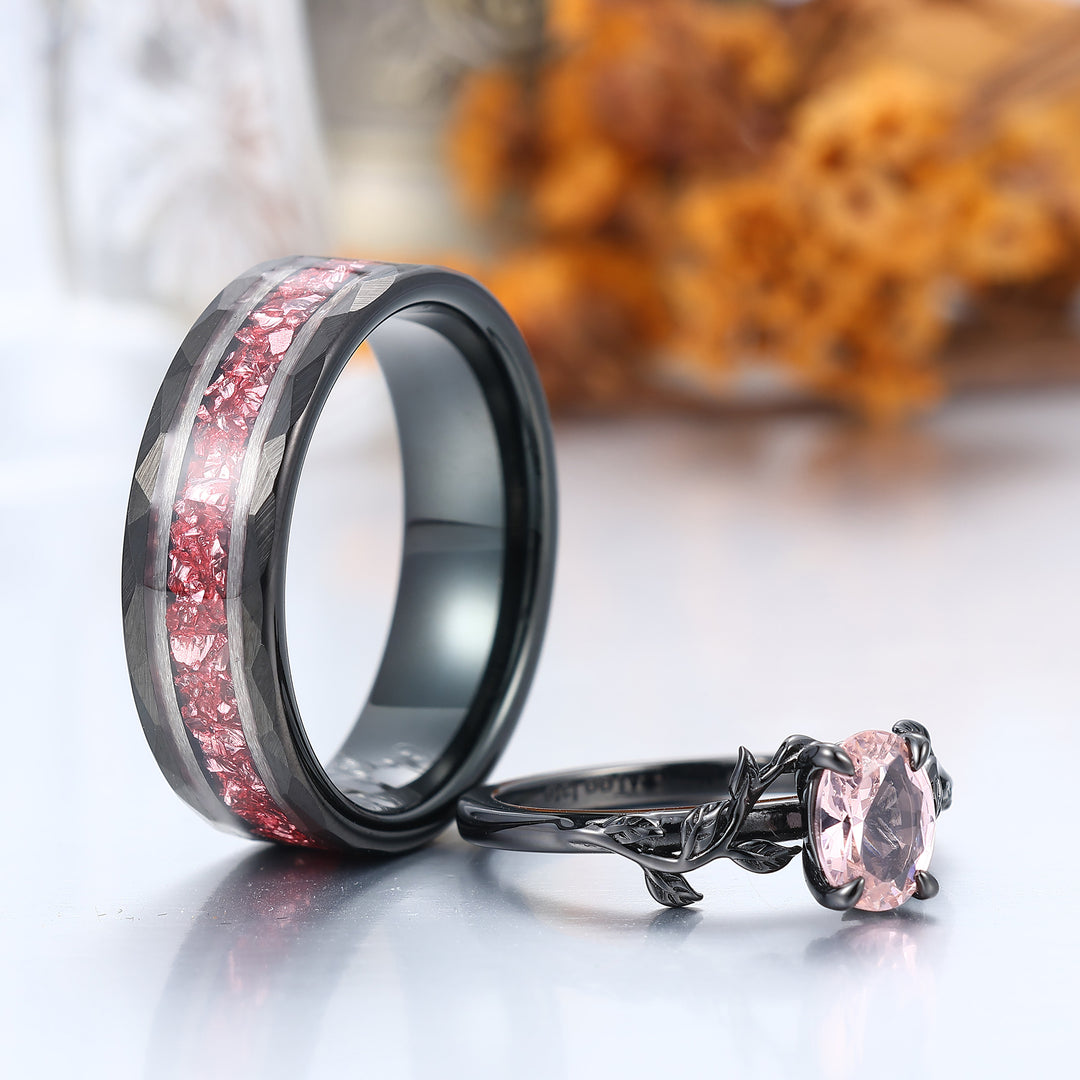 Botanical Solitaire Oval Pink Morganite Black Plated Couple Rings Leaf Design Ring Set