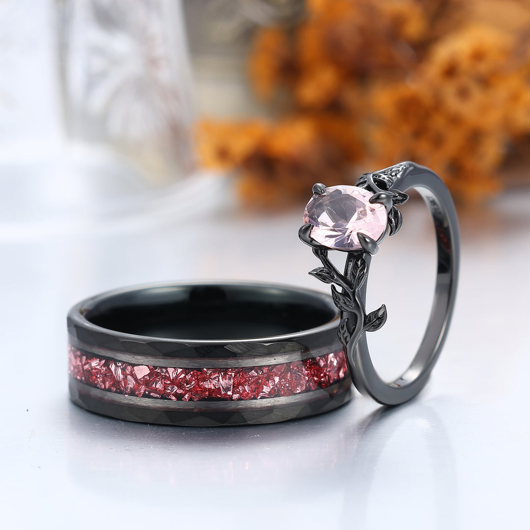 Botanical Solitaire Oval Pink Morganite Black Plated Couple Rings Leaf Design Ring Set