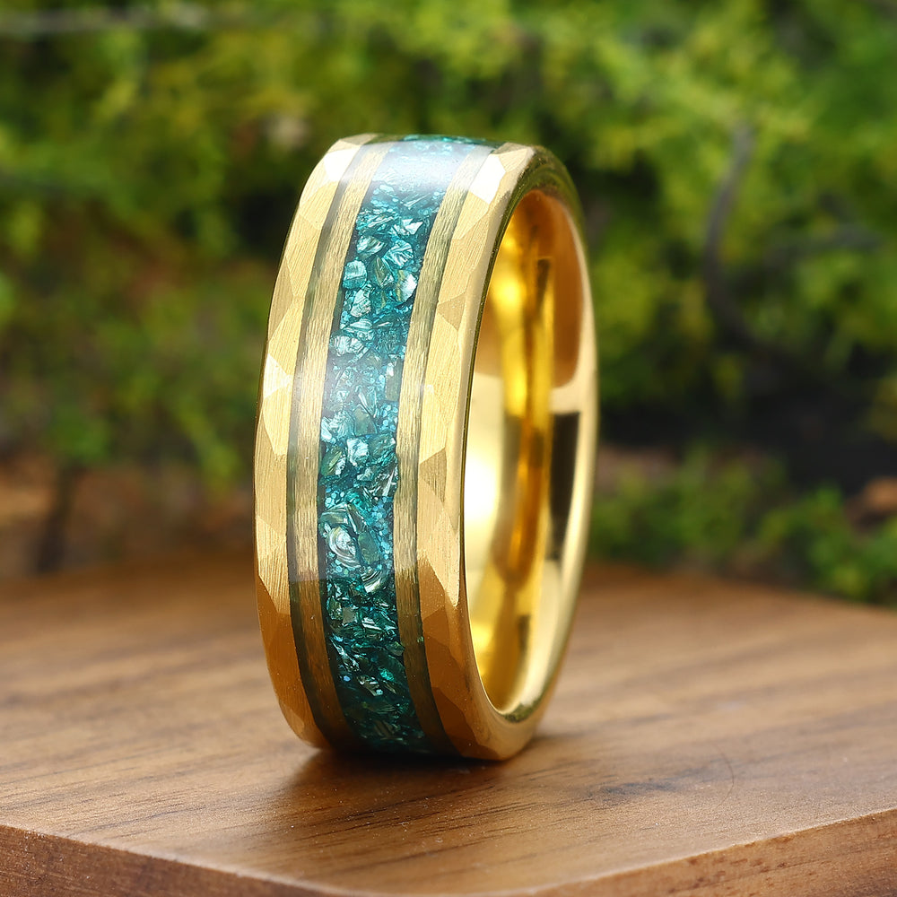 Crushed Aquamarine Tungsten Mens Wedding Band Promise Black Stack Ring Anniversary Ring