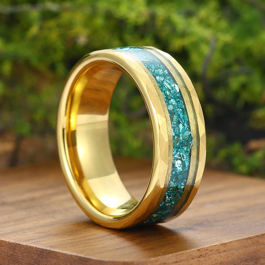 Crushed Aquamarine Tungsten Mens Wedding Band Promise Black Stack Ring Anniversary Ring